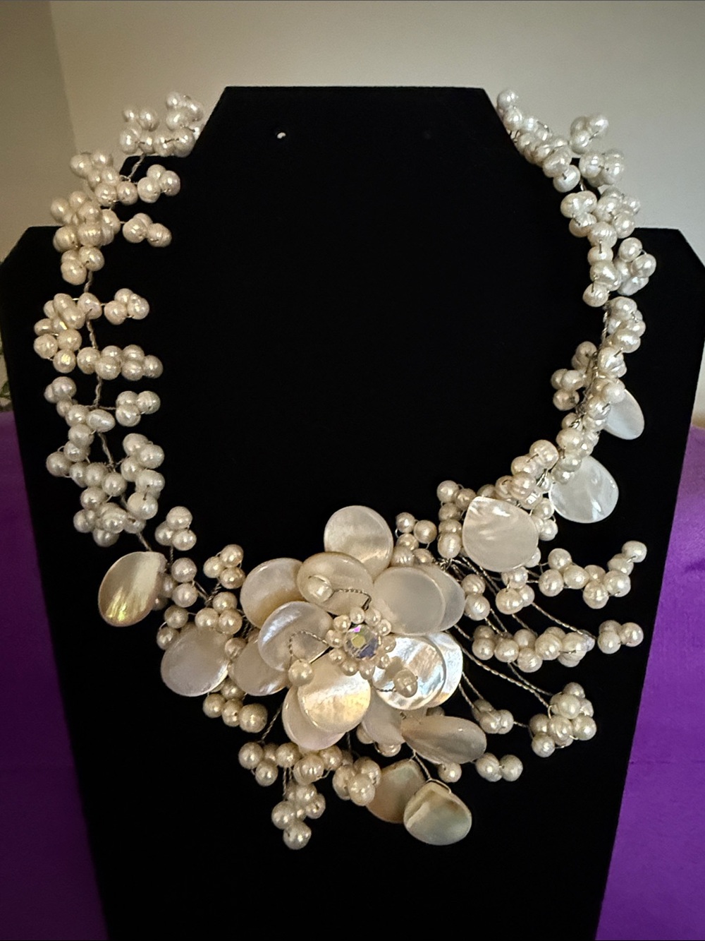 Bridal Pearl and Mother-of-Pearl Floral Necklace - White